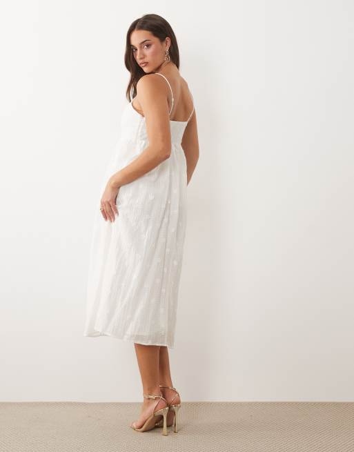 VILA - Vestito lungo testurizzato con spalline sottili bianco a fiori 3D applicati, 4 di 4