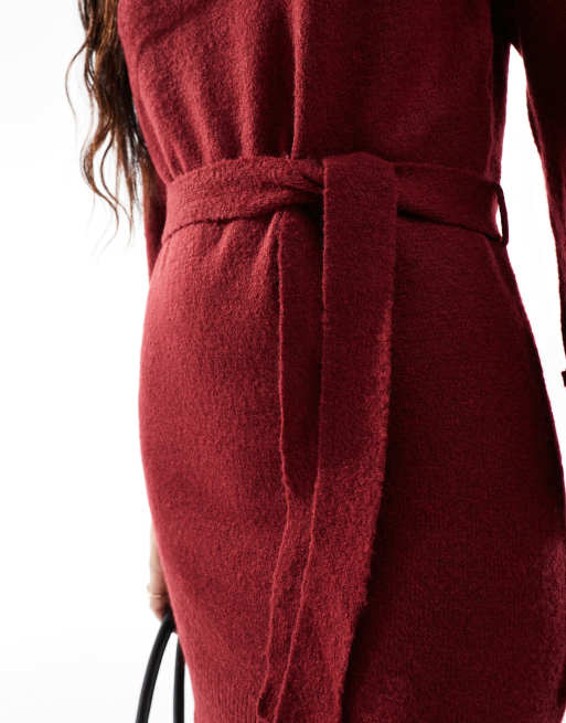 Vila - Vestito maglia corto rosso allacciato in vita con collo alto, 2 di 4