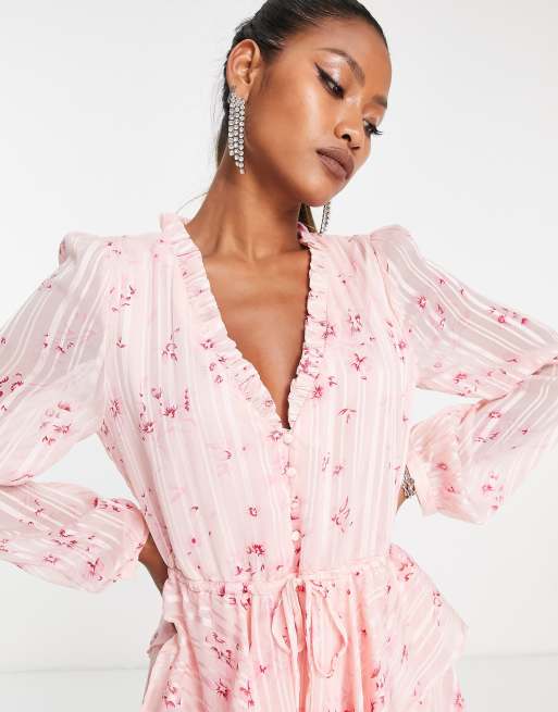 Vila - Vestito midi a maniche lunghe in chiffon rosa a fiori a balze, 2 di 4