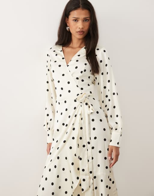 Vila - Vestito midi a portafoglio a maniche lunghe in raso color crema a pois, 4 di 4