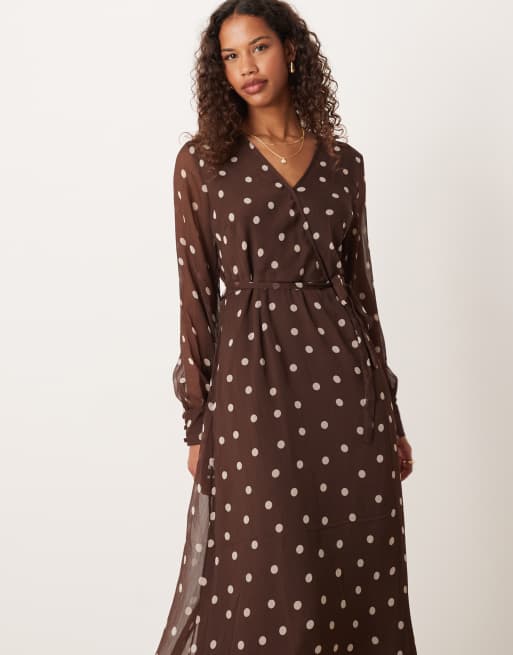 VILA - Vestito midi a portafoglio marrone a pois, 4 di 4