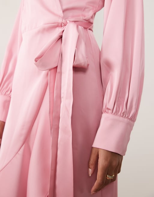 Vila - Vestito midi avvolgente a maniche lunghe in raso rosa chiaro, 4 di 4