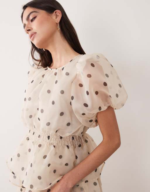 VILA - Vestito midi color crema a pois con maniche voluminose e volant, 3 di 4