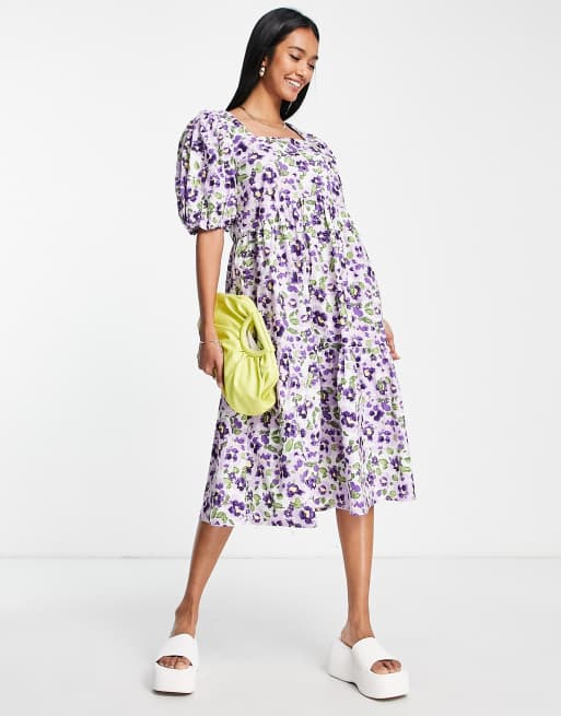 Vila - Vestito midi con scollo quadrato e maniche voluminose a fiori viola