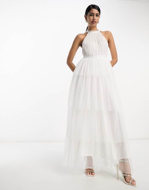 Vila - Vestito midi da damigella in tulle bianco con gonna a balze allacciato al collo, 3 di 4