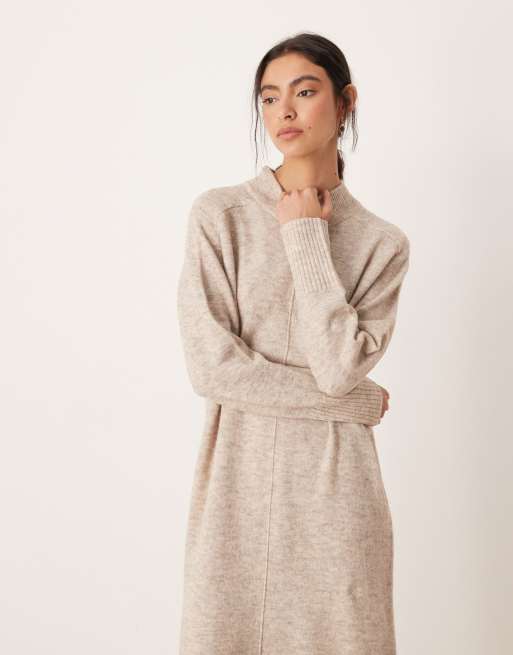 VILA - Vestito midi in maglia beige mélange con cuciture sul davanti, 2 di 4