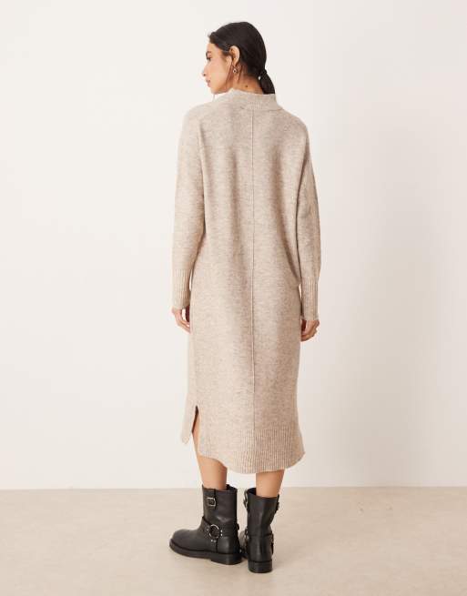 VILA - Vestito midi in maglia beige mélange con cuciture sul davanti, 3 di 4