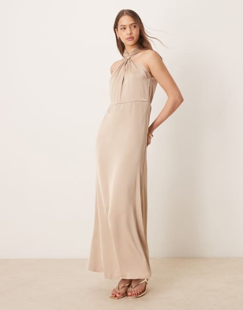 Vila - Vestito midi in raso beige con allacciatura al collo intrecciata - view 1
