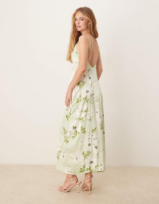 Vila - Vestito midi in raso color verde pallido a fiori, 4 di 4