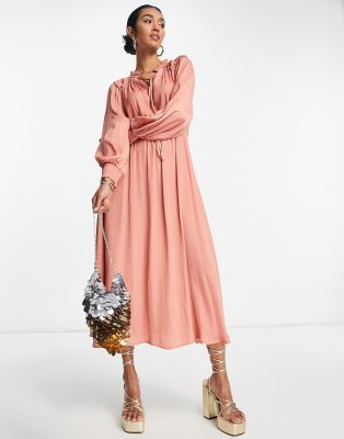 Vila satin midi dress with frill detail in coral - ASOS Price Checker