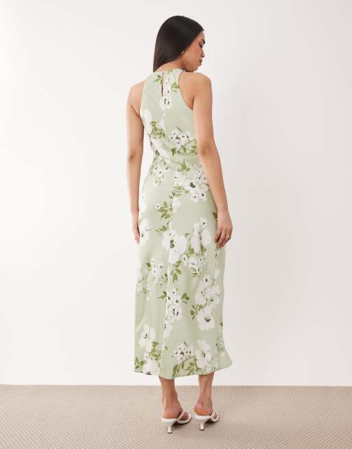 VILA - Vestito midi in raso verde pallido a fiori con scollo a vogatore, 3 di 4