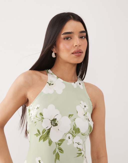 VILA - Vestito midi in raso verde pallido a fiori con scollo a vogatore, 4 di 4