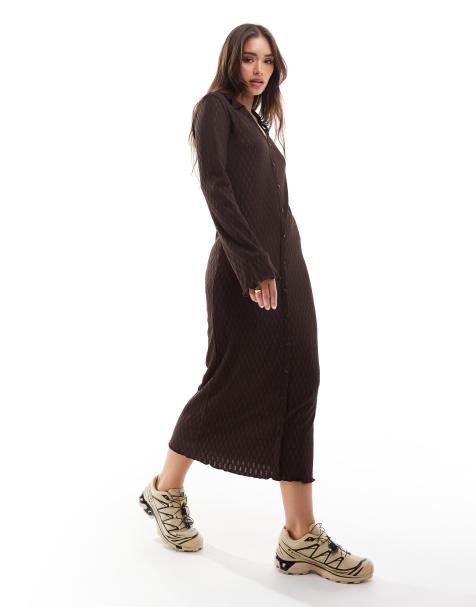 Vila - Vestito midi marrone con bottoni e colletto stile polo - view 1