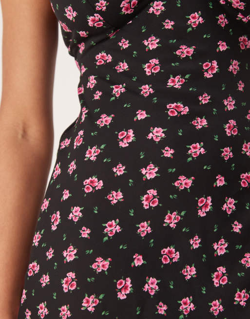 Vila - Vestito sottoveste lungo nero a fiori rosa con incrocio sulla schiena, 2 di 4