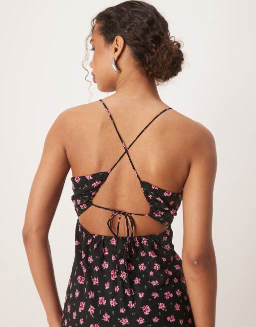 Vila - Vestito sottoveste lungo nero a fiori rosa con incrocio sulla schiena, 4 di 4