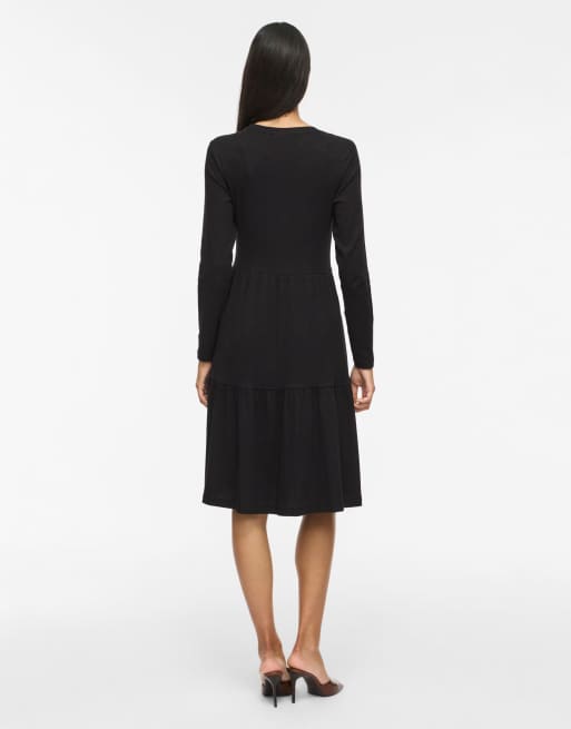 Vila VIHOLLIE geripptes Midikleid mit Rundhalsausschnitt und langen Ärmeln in Schwarz, 2 von 7