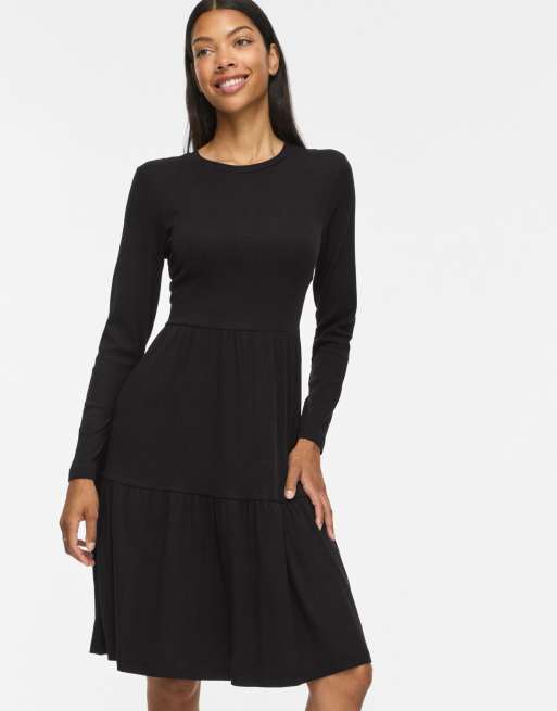 Vila VIHOLLIE geripptes Midikleid mit Rundhalsausschnitt und langen Ärmeln in Schwarz, 4 von 7