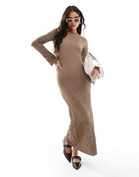 Vila waffle textured long sleeved maxi dress in taupe - view 1