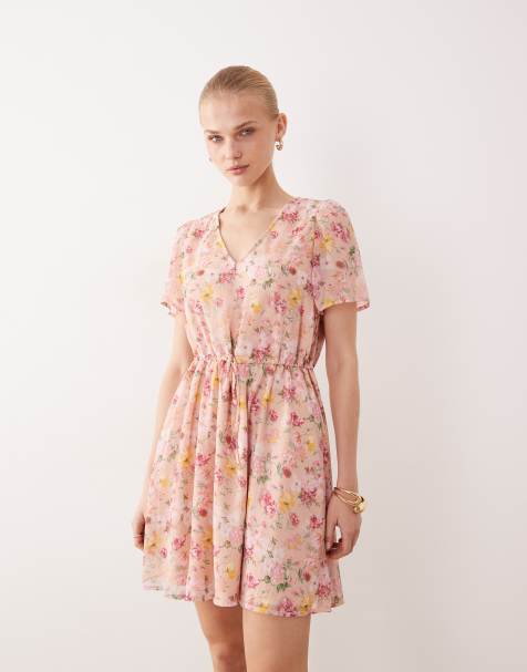 Vila waist detail short sleeve mini dress in soft floral - view 1