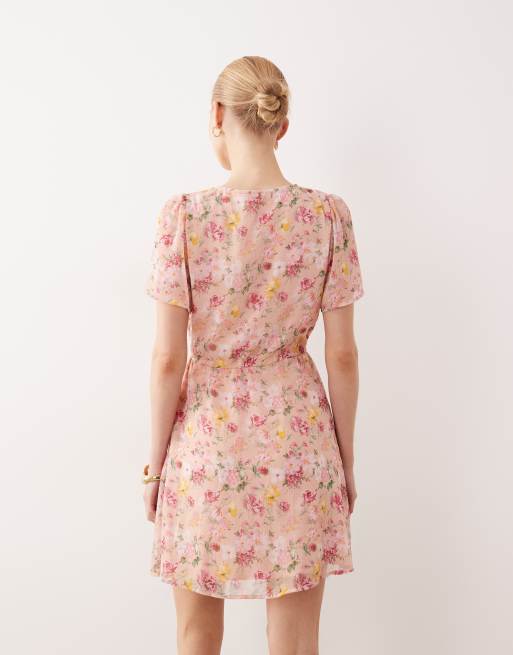 VILA waist detail short sleeve mini dress in soft floral , 2 of 4