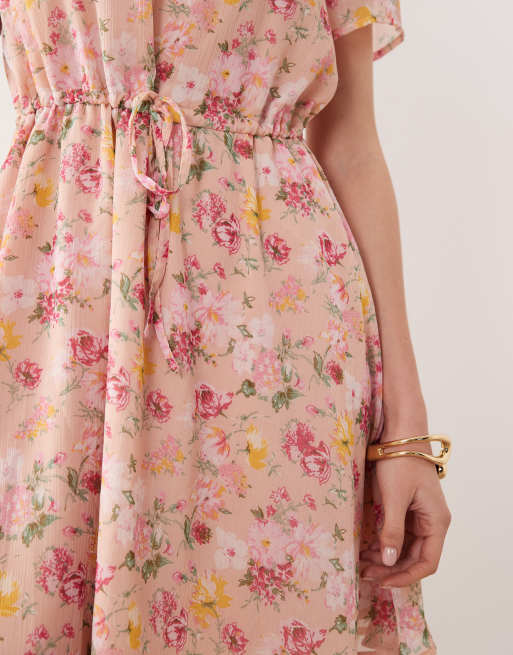 VILA waist detail short sleeve mini dress in soft floral , 3 of 4