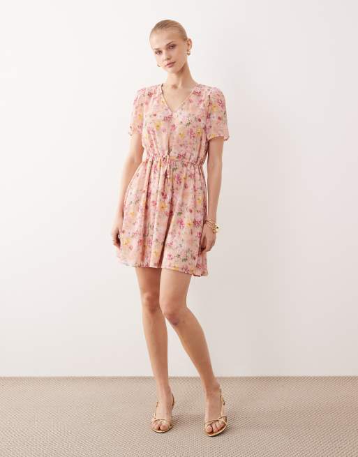 VILA waist detail short sleeve mini dress in soft floral , 4 of 4