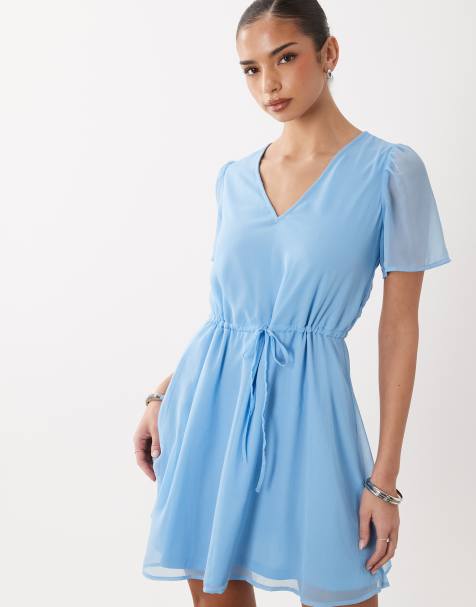 Vila waist detail short sleeve mini dress in solid blue - view 1