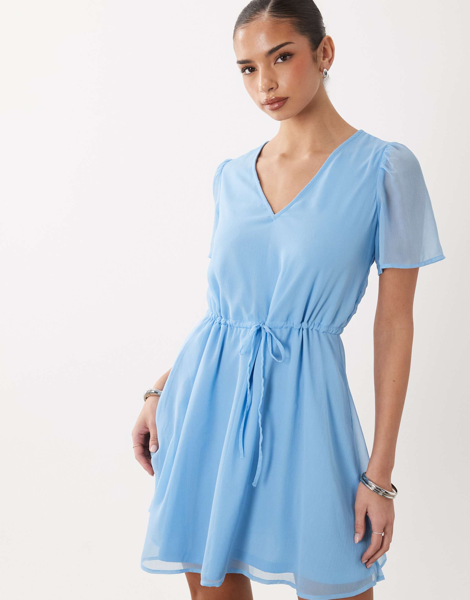 vila waist detail short sleeve mini dress in solid blue