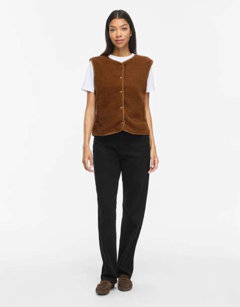 Vila Marlon teddy crew neck sleeveless gilet in brown