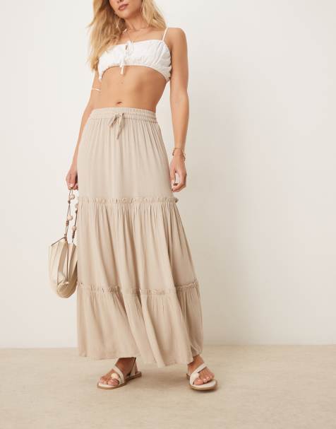 Vila tiered boho maxi skirt in beige