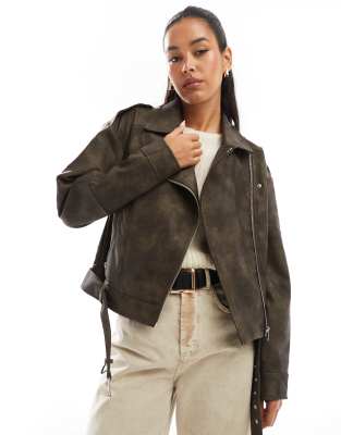 washed oversized leather look biker jacket in brown