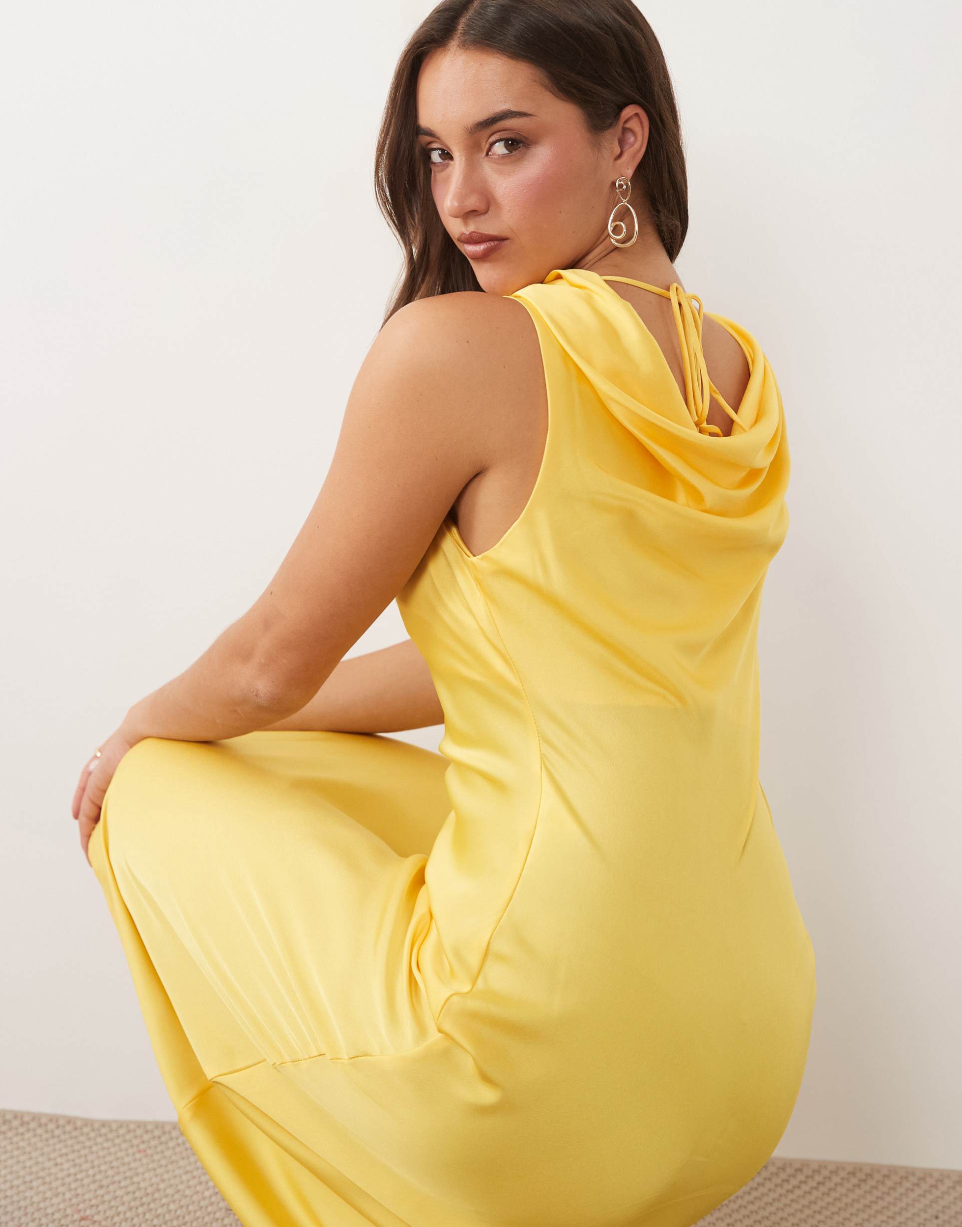 vila waterfall cowl neck satin midi dress in pastel yellow