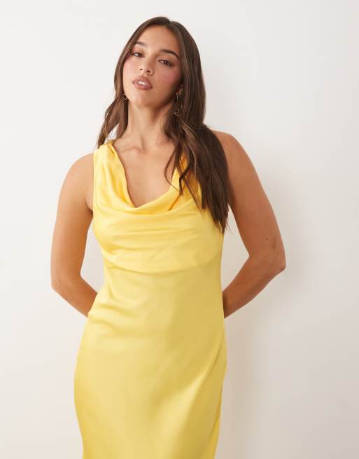 Vila waterfall cowl neck satin midi dress in pastel yellow, 3 of 4