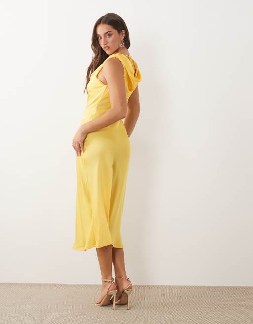 Vila waterfall cowl neck satin midi dress in pastel yellow, 4 of 4