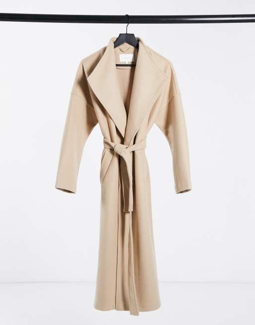 Vila waterfall maxi coat with tie waist in beige