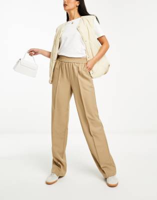 Vila - Weit geschnittene Hose in Beige mit elastischem Bund und Biesen auf der Vorderseite-Neutral