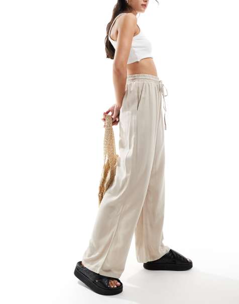 Vila – Weit geschnittene Hose in Steinbeige mit Leinenanteil und Tunnelzug - view 1