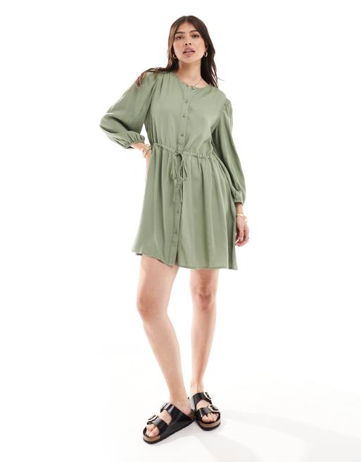 Vila – Wiązana w talii sukienka mini z materiału z domieszką lnu w kolorze khaki