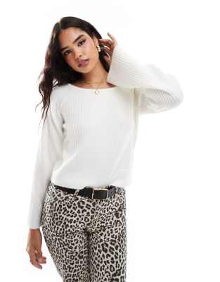 Vila Vila wide boat neck knitted jumper in cream-White