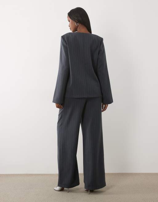 Vila wide-leg broek co-ord in donkergrijs gemêleerd krijtstreep, 3 van 5