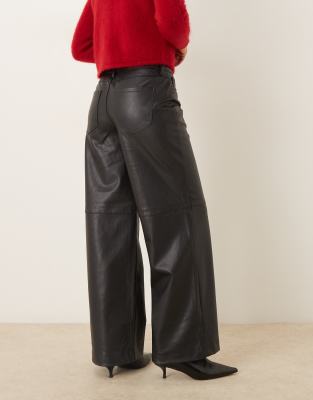 Vila Wide Leg Faux Leather Pants With Seam Details In Black