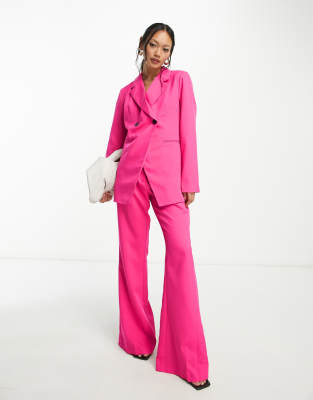 Hot Pink Bell Bottom Pants Suit Set With Blazer, Tall Women Pink