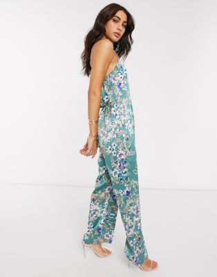 Vila wide leg halterneck jumpsuit in floral-Green