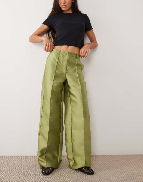 Vila Wide-Leg-Hose mit Nahtdetails aus Taft in Olivgrün - view 1