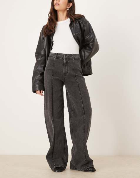 Vila wide leg jeans with seam front details in dark grey
