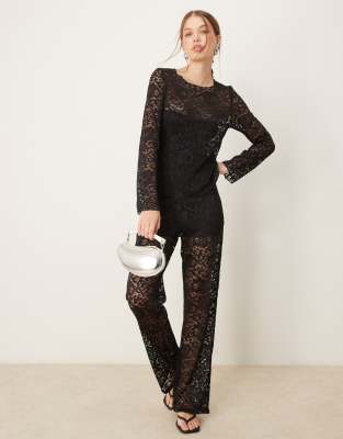 wide leg lace pants in black - part of a set