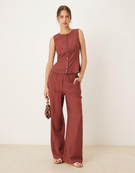 Vila wide leg trouser co-ord in burnt henna check
