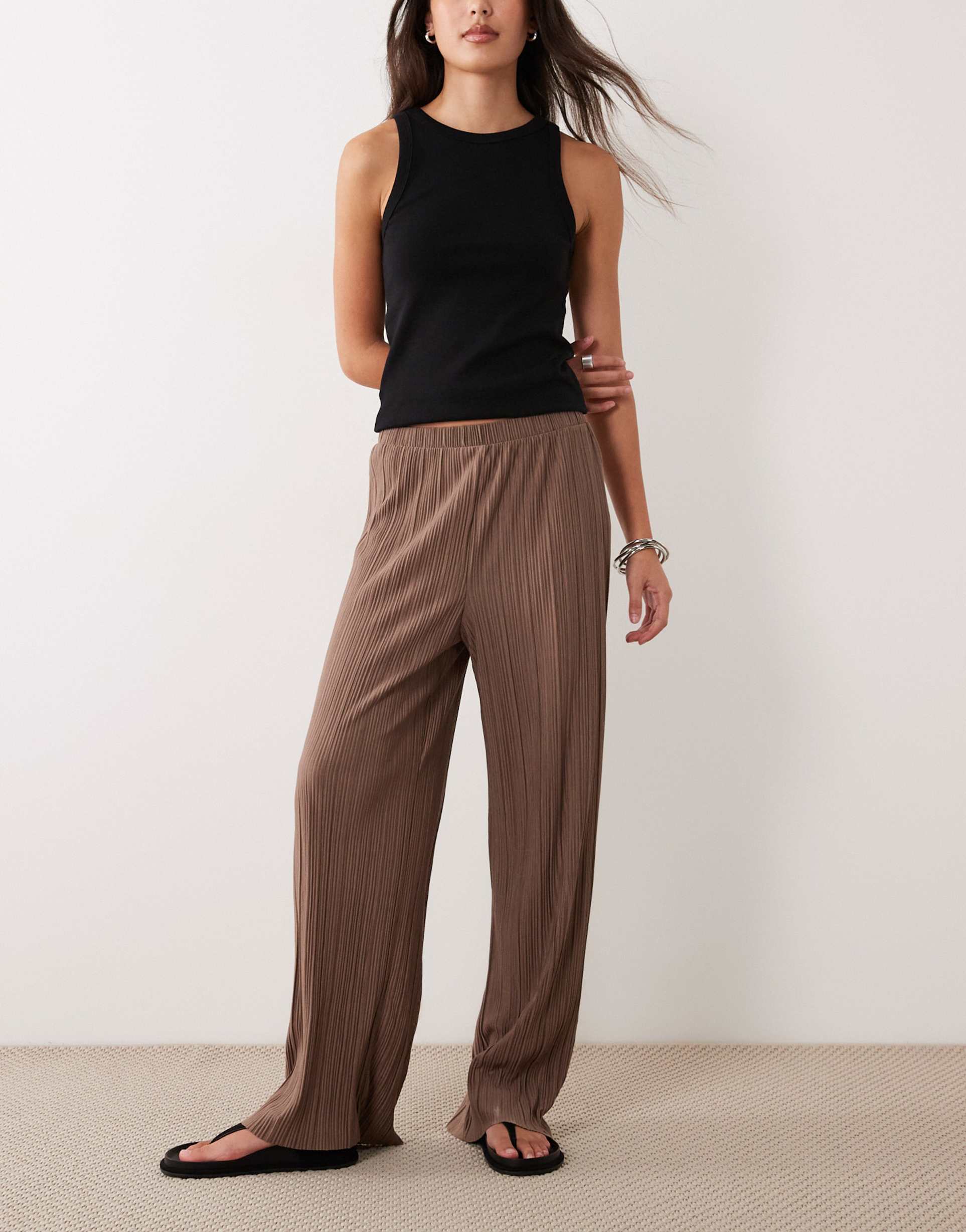 vila wide leg plisse pants in brown - part of a set