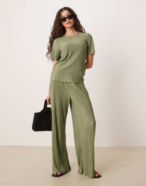 VILA wide leg plisse pants in oil green (part of a set) - view 1