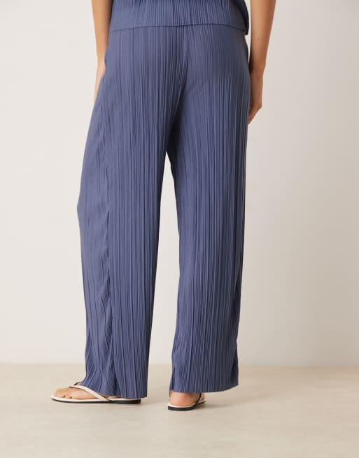 VILA wide leg plisse pants in vintage indigo blue - part of a set, 3 of 5